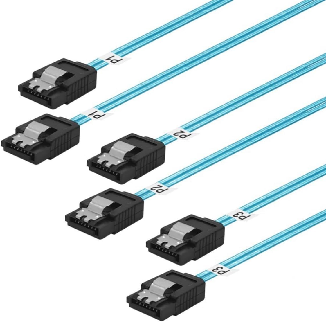 ADCAUDX Thin SATA-III Cable 3 pack front view showing the blue slim 12 inch design and 7 pin female connectors.