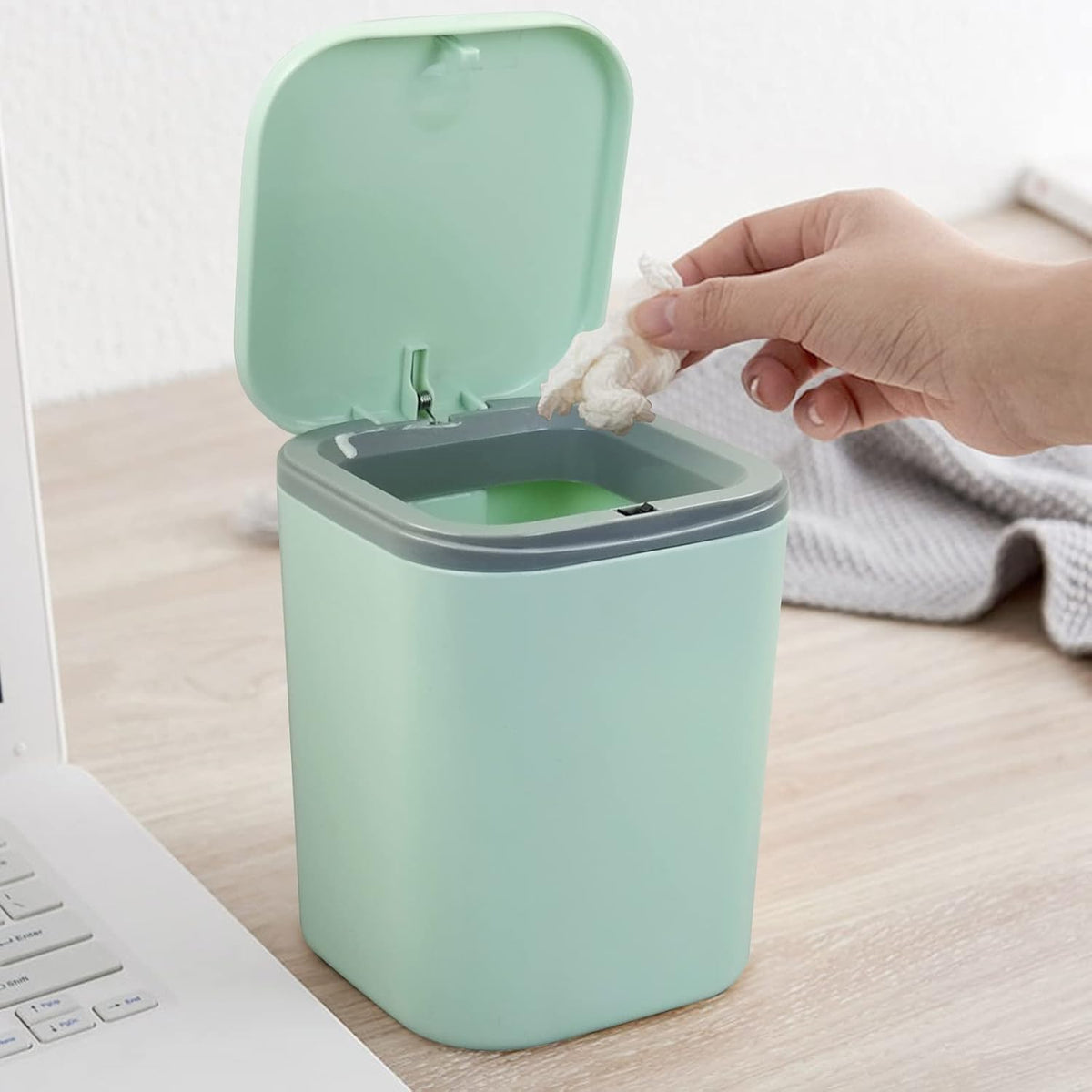 Vababa mini trash bin grey rim and green body detail