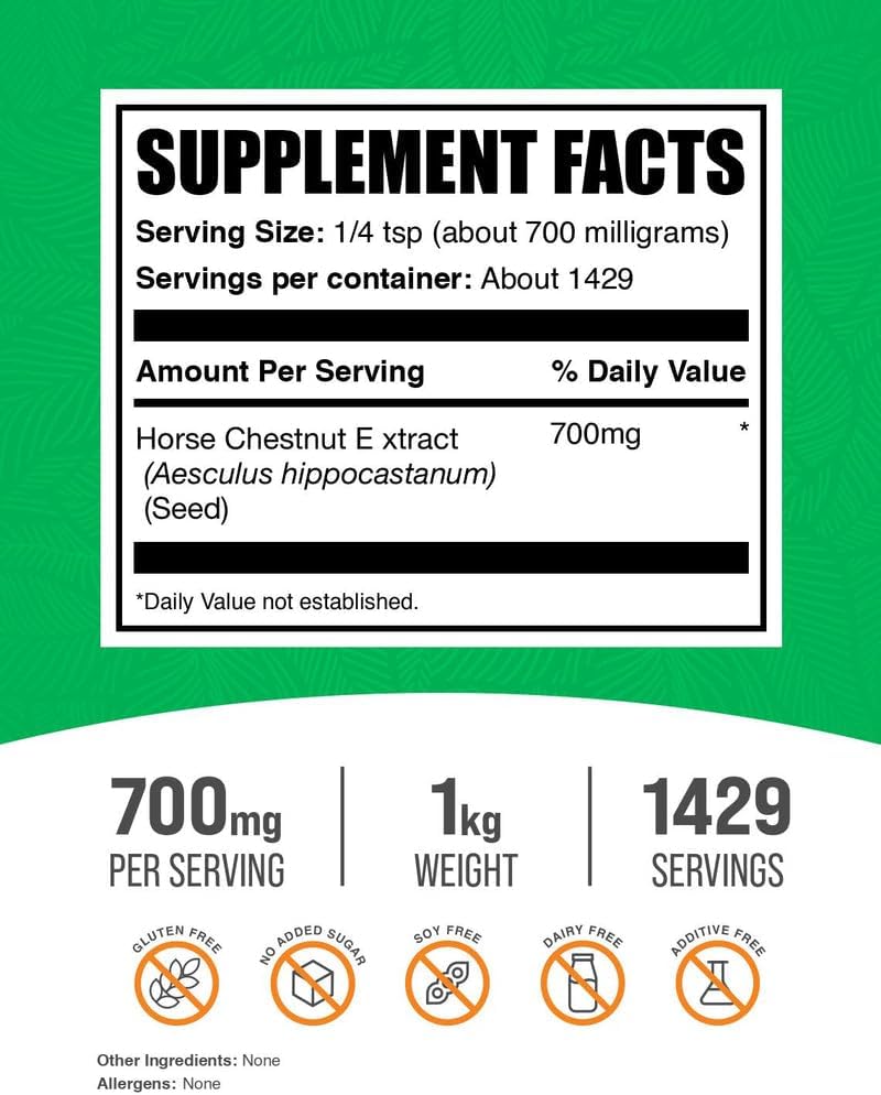 BulkSupplements Horse Chestnut Extract Powder back label showing 700mg serving size and supplement facts