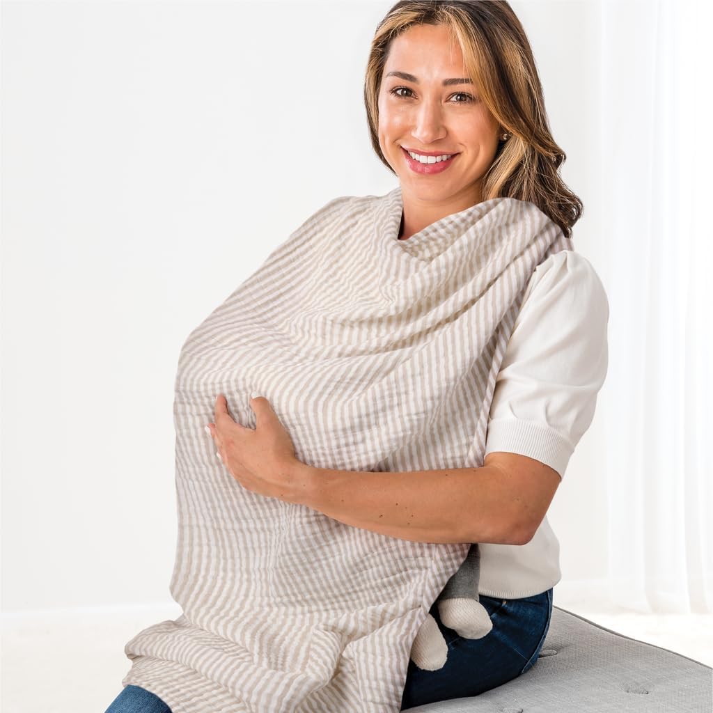 Itzy Ritzy Breastfeeding Boss Multi Use Cover front view showing the neutral taupe stripe pattern