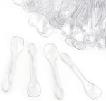 Yuntop 100 Count Tasting Spoons front view showcasing transparent disposable dessert spoons arranged in a row.