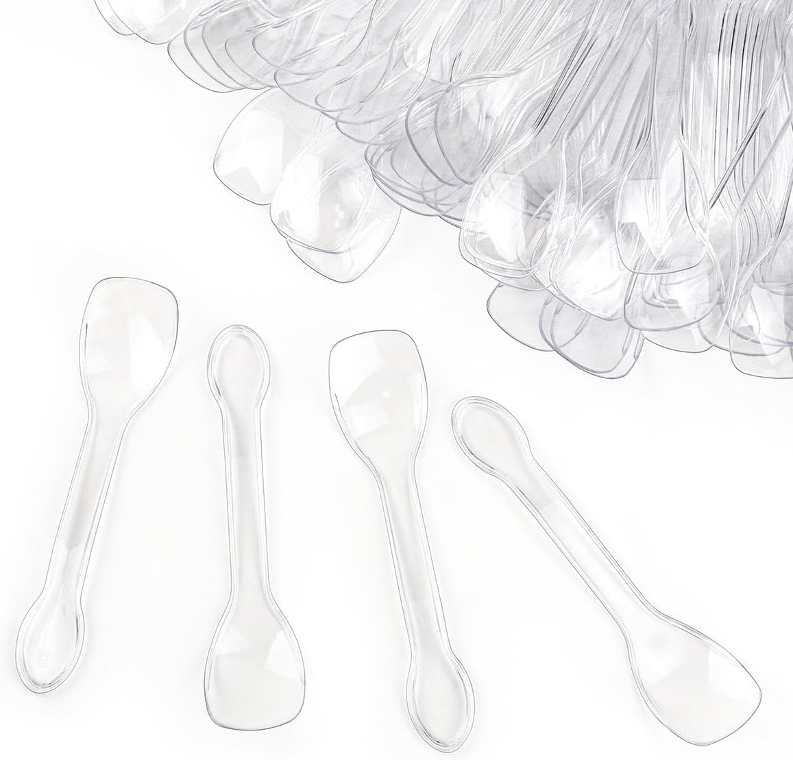 Yuntop 100 Count Tasting Spoons front view showcasing transparent disposable dessert spoons arranged in a row.