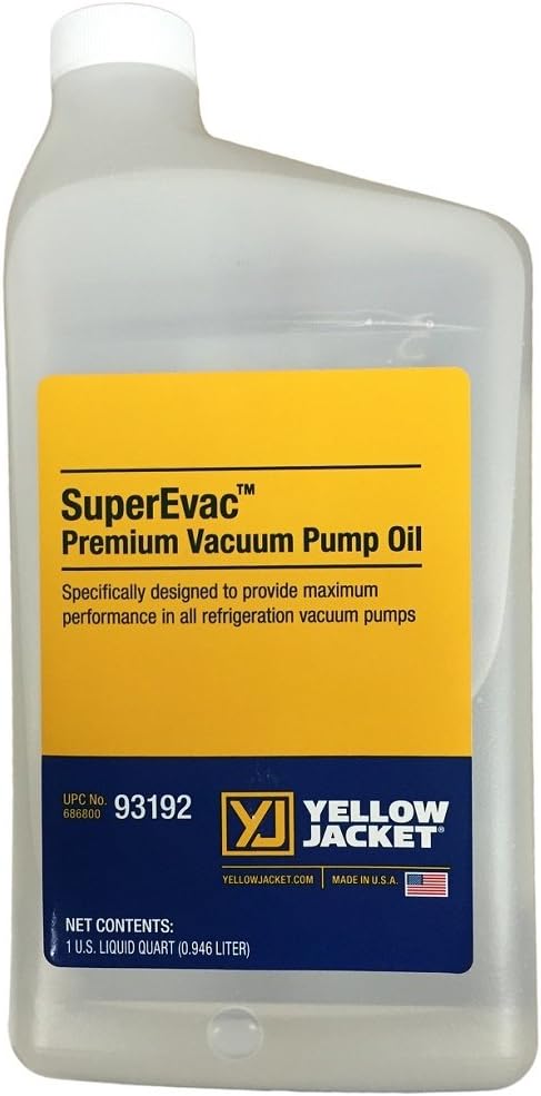 Yellow Jacket SuperEvac premium vacuum pump oil one quart bottle front view for professional HVAC servicing.