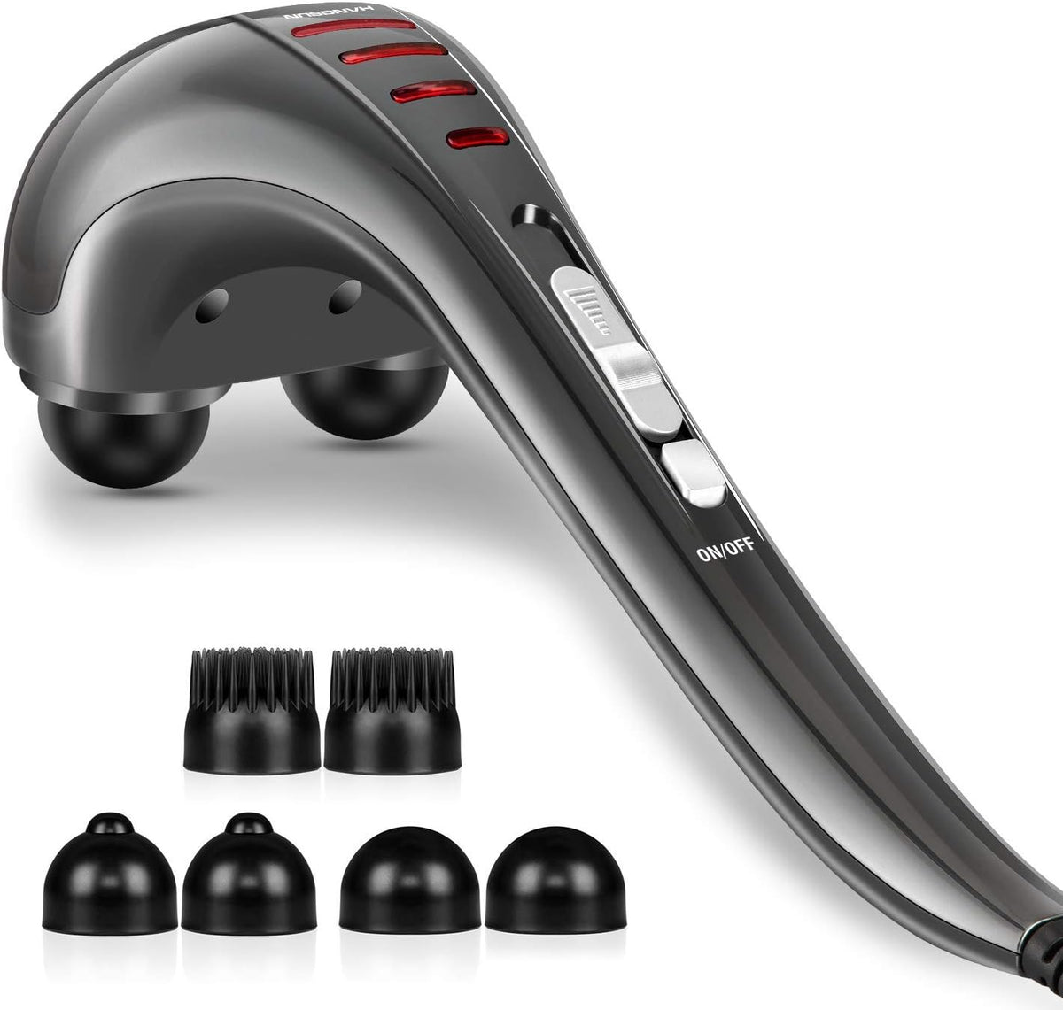 Hangsun MG460 handheld neck and back massager front view showing metallic grey finish.