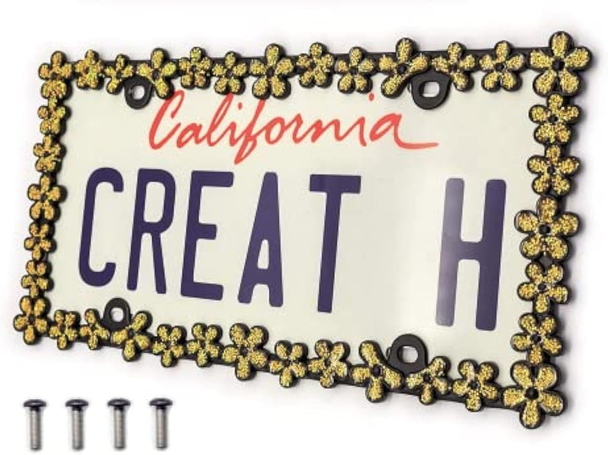 Creathome 3D Shining Daisy Wrenth License Plate Frame from Pure Zinc Alloy Metal Perfect Plate Holder, Matt Black with Green Glitter - Image 12