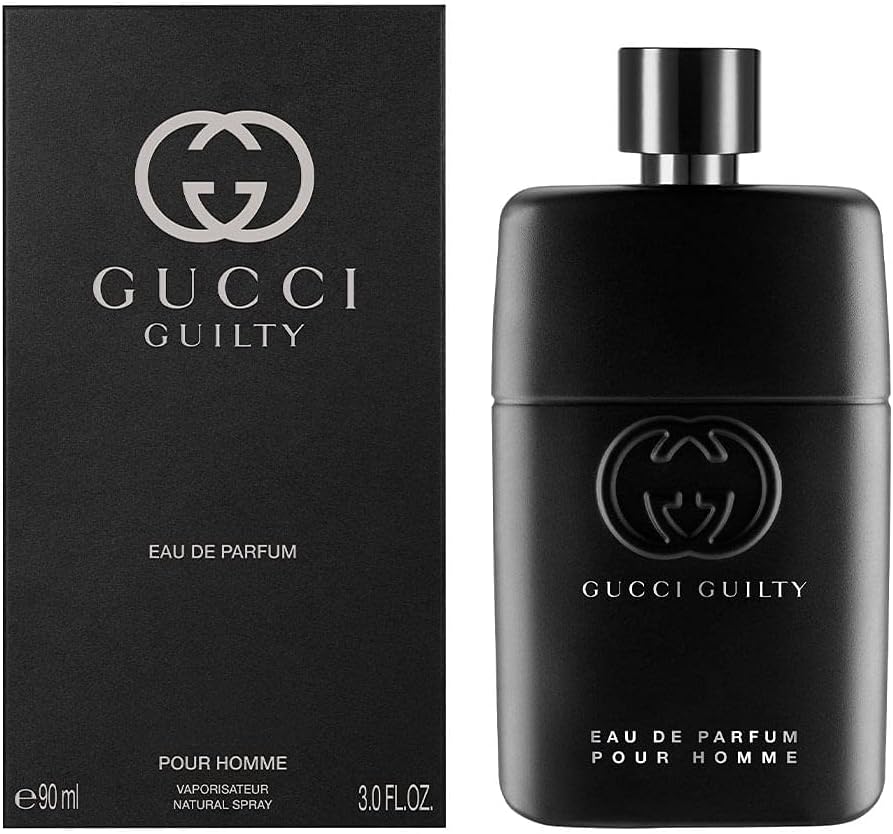 Gucci Guilty Pour Homme 90ml bottle with its silver-toned cap removed.