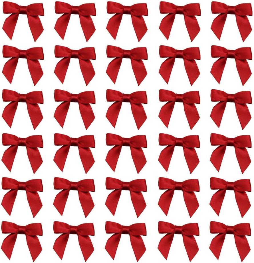 7Rainbows boutique red satin ribbon mini bows fifty pack front view for holiday craft wrapping