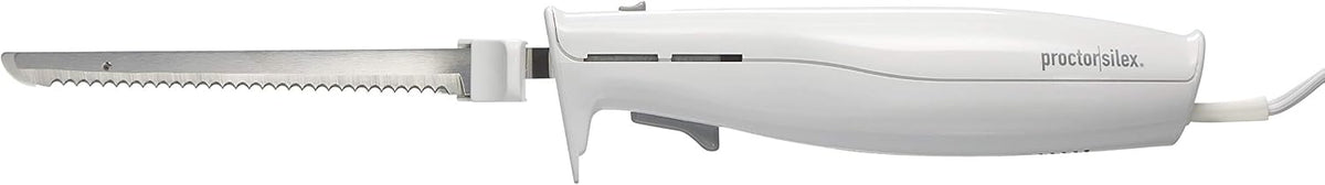 Proctor Silex electric knife front view showing white handle