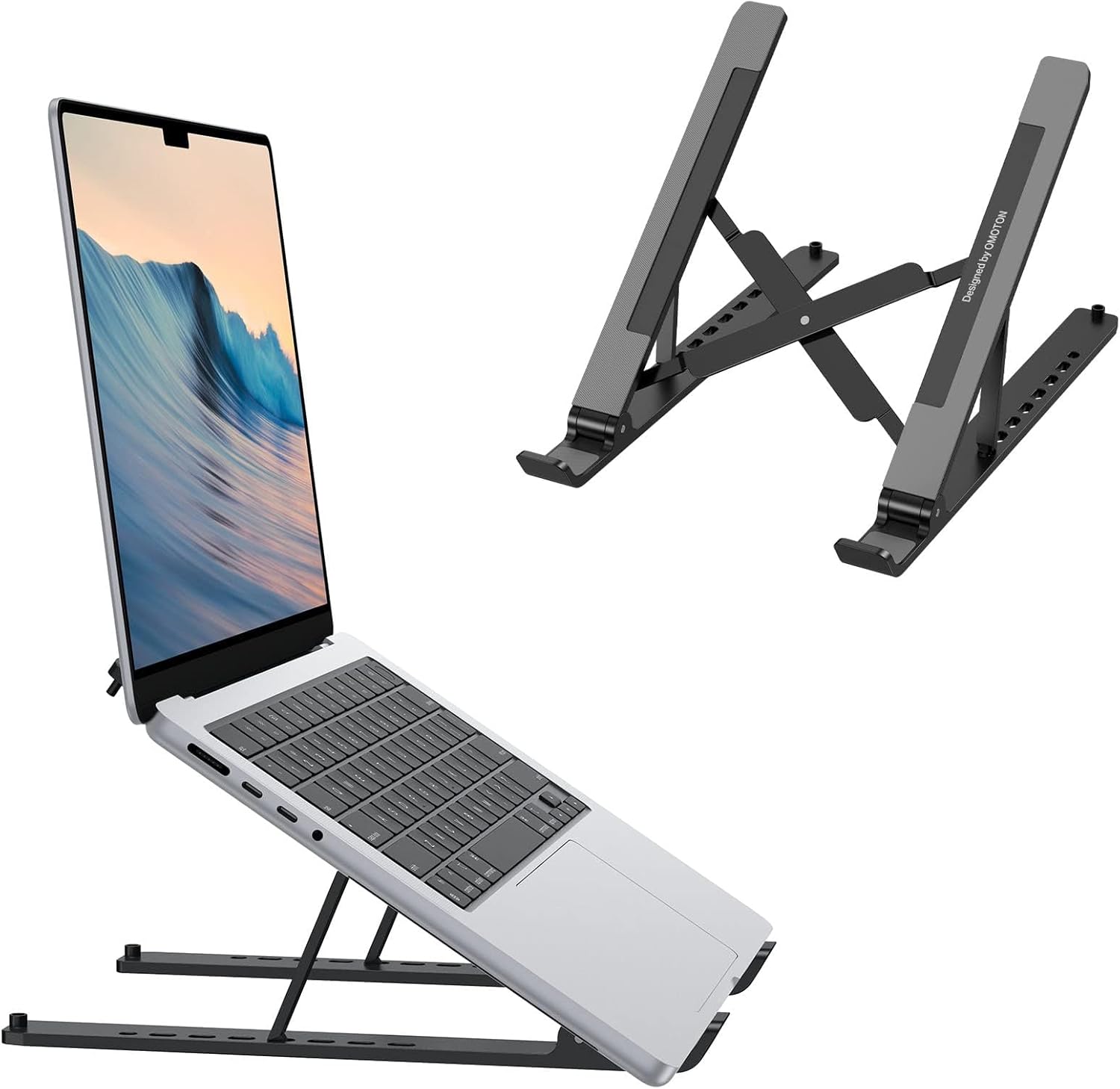 OMOTON portable laptop stand front view showing the seven level adjustable heights on a clean minimalist desk setup