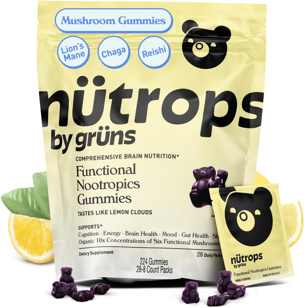 Grüns Nutrops Lions Mane Mushroom Gummies front view of the main packaging box.