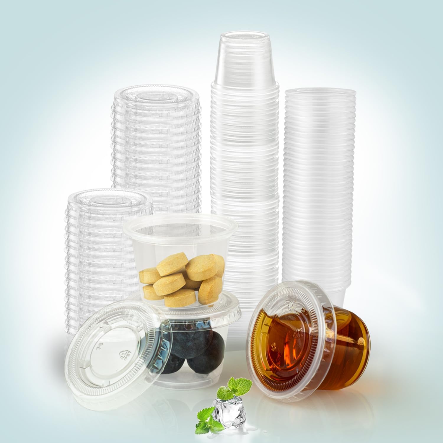 SUCITY 120 Sets Small Plastic One Ounce Condiment Cups with Lids front view leak-proof food containers.
