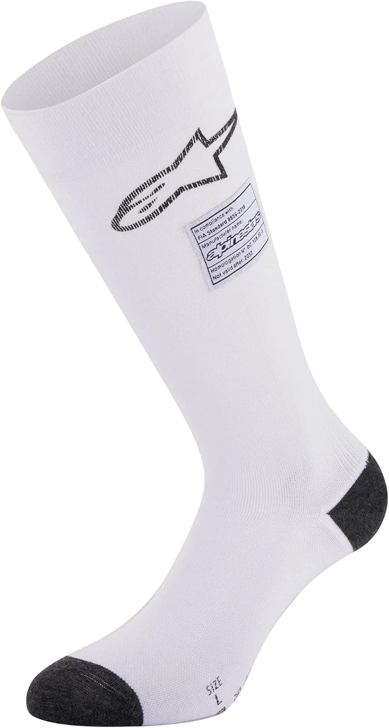 Alpinestars ZX V4 Nomex racing socks in white showing embroidered logo front view