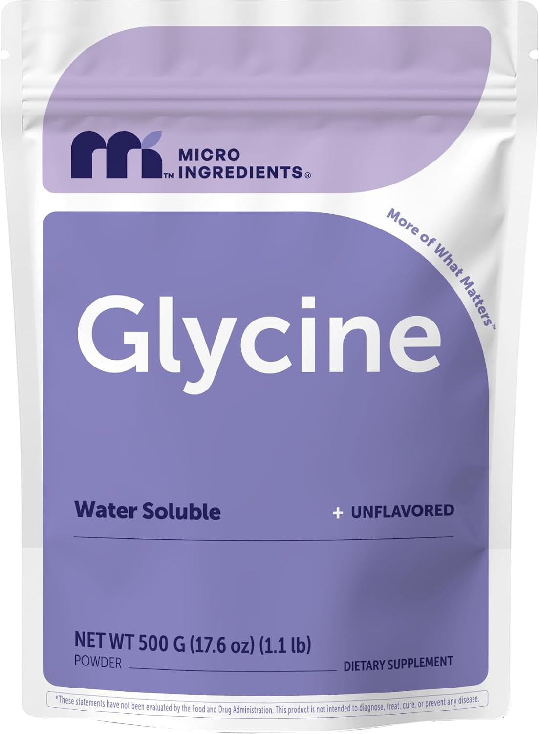 Micro Ingredients Glycine Powder front view of pouch packaging