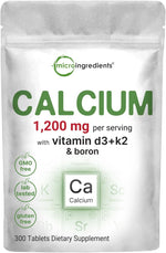 Micro Ingredients calcium 1200mg with vitamin D3 and K2 front pouch view supplement