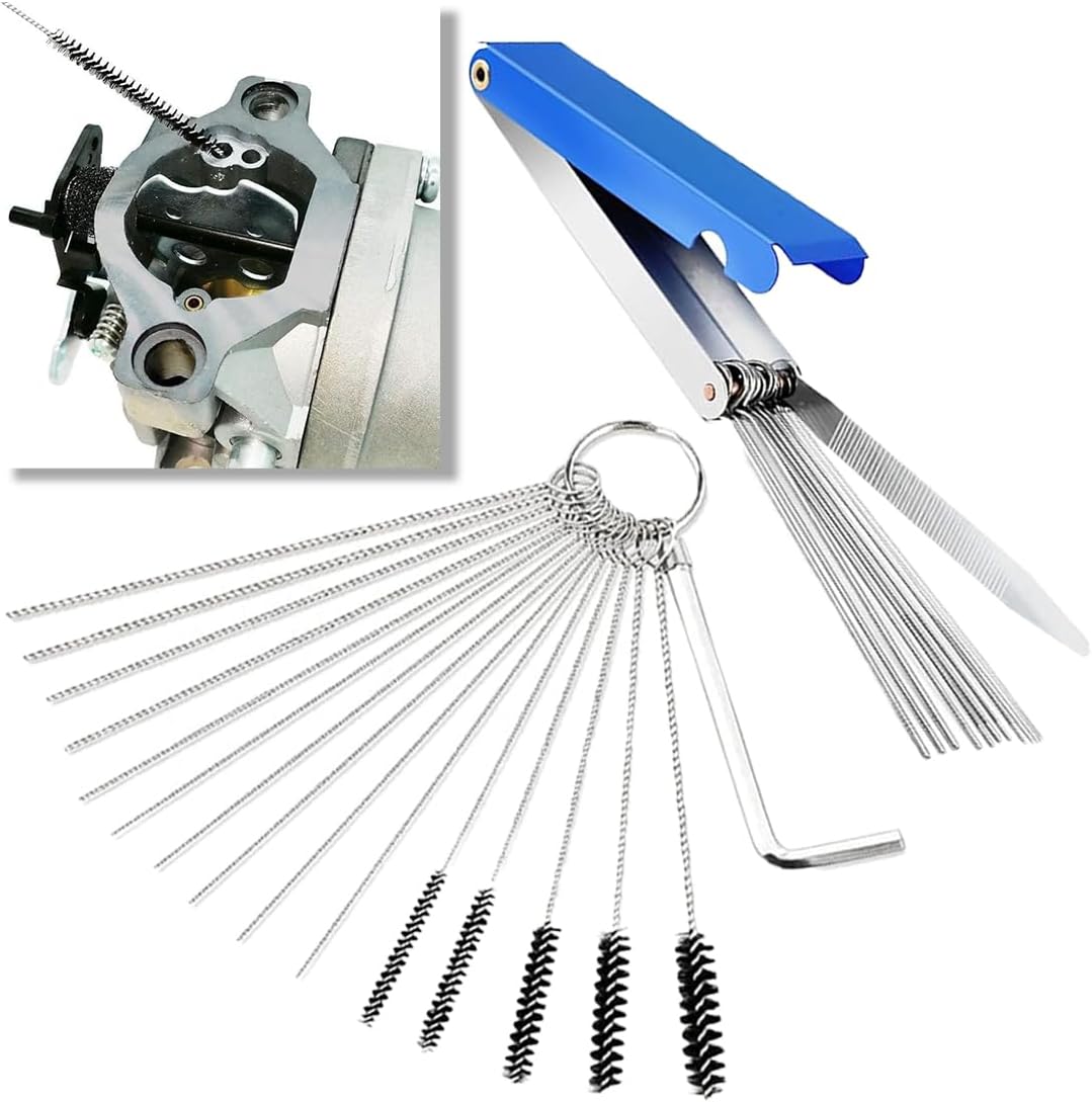 JOYCOURT Carburetor Torch Tips Cleaner Kit front view showing stainless steel needles and nylon brushes on key rings