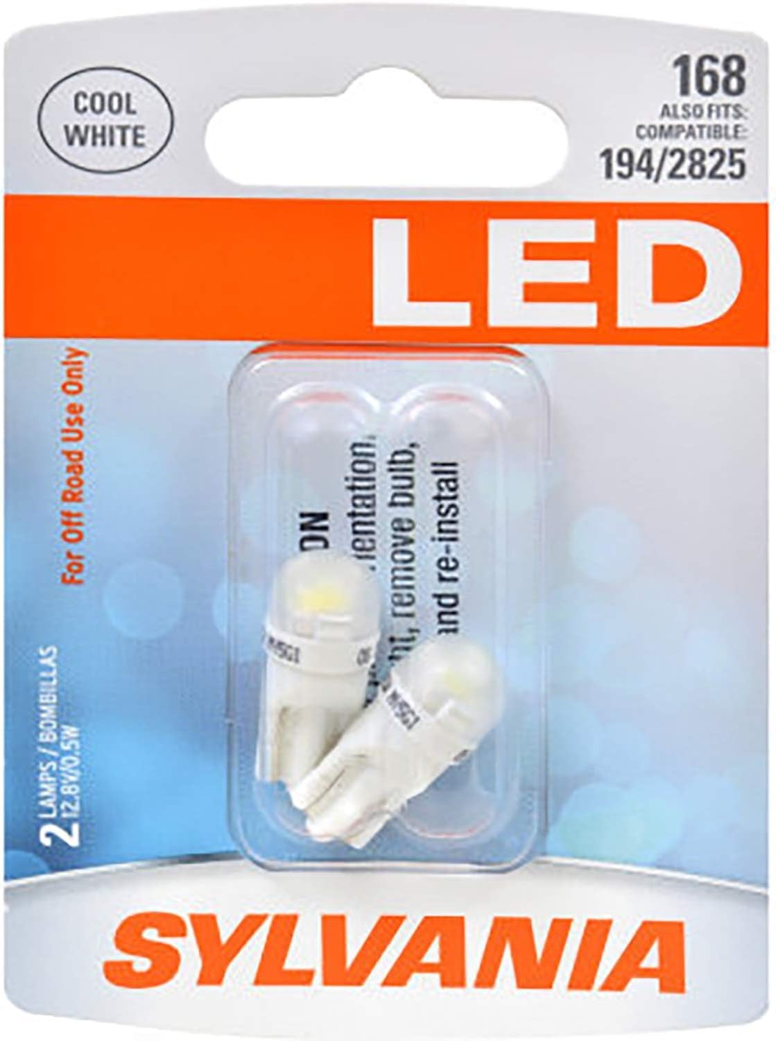 Sylvania 168 T10 W5W LED White Mini Bulb front view retail packaging