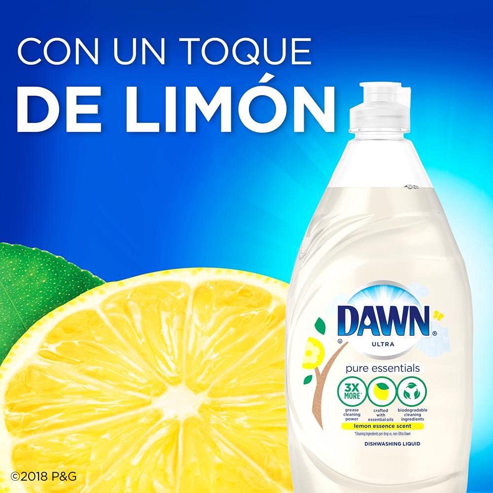 Dawn Ultra Pure Essentials Lemon Essence dish soap bottle side angle display