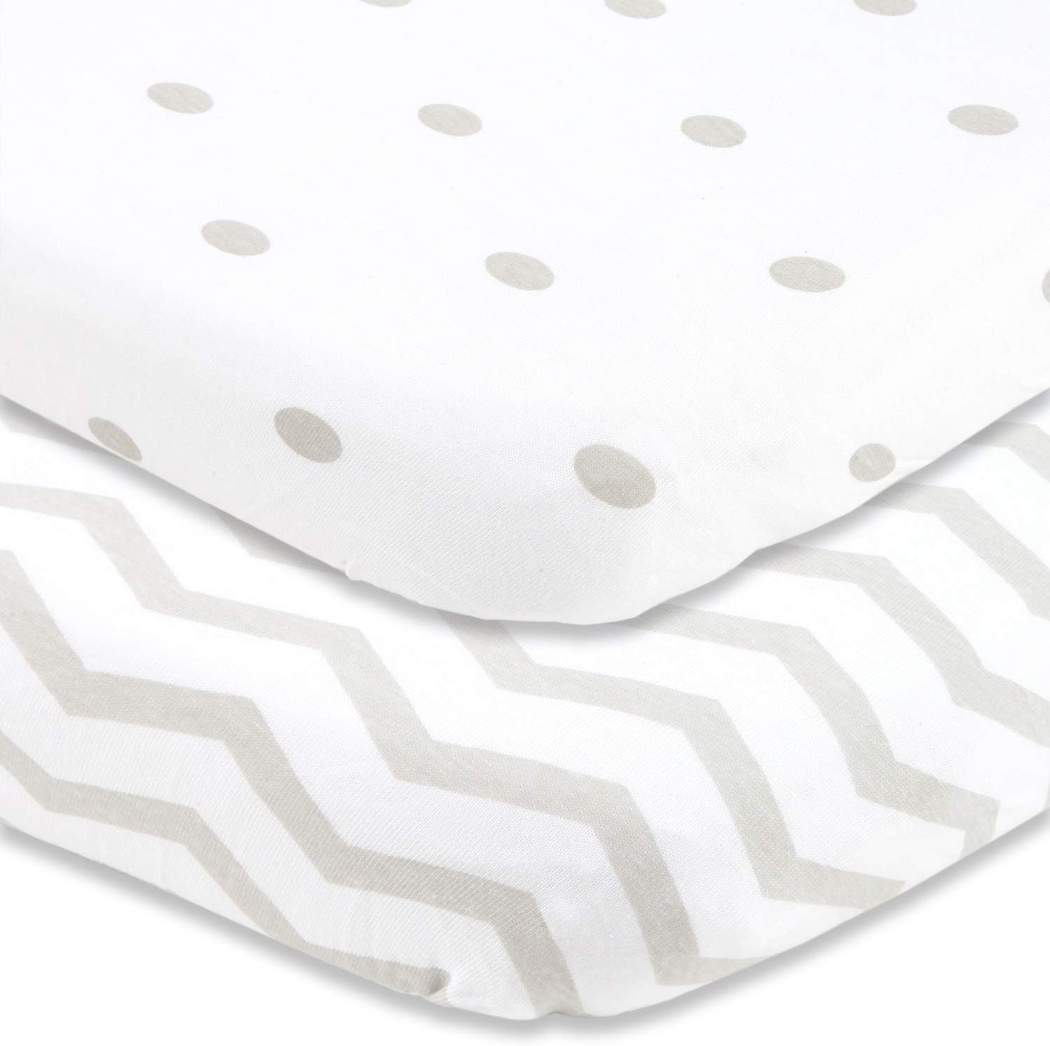 Cuddly Cubs Pack and Play Sheets front view of grey polka dot and chevron pattern sets.