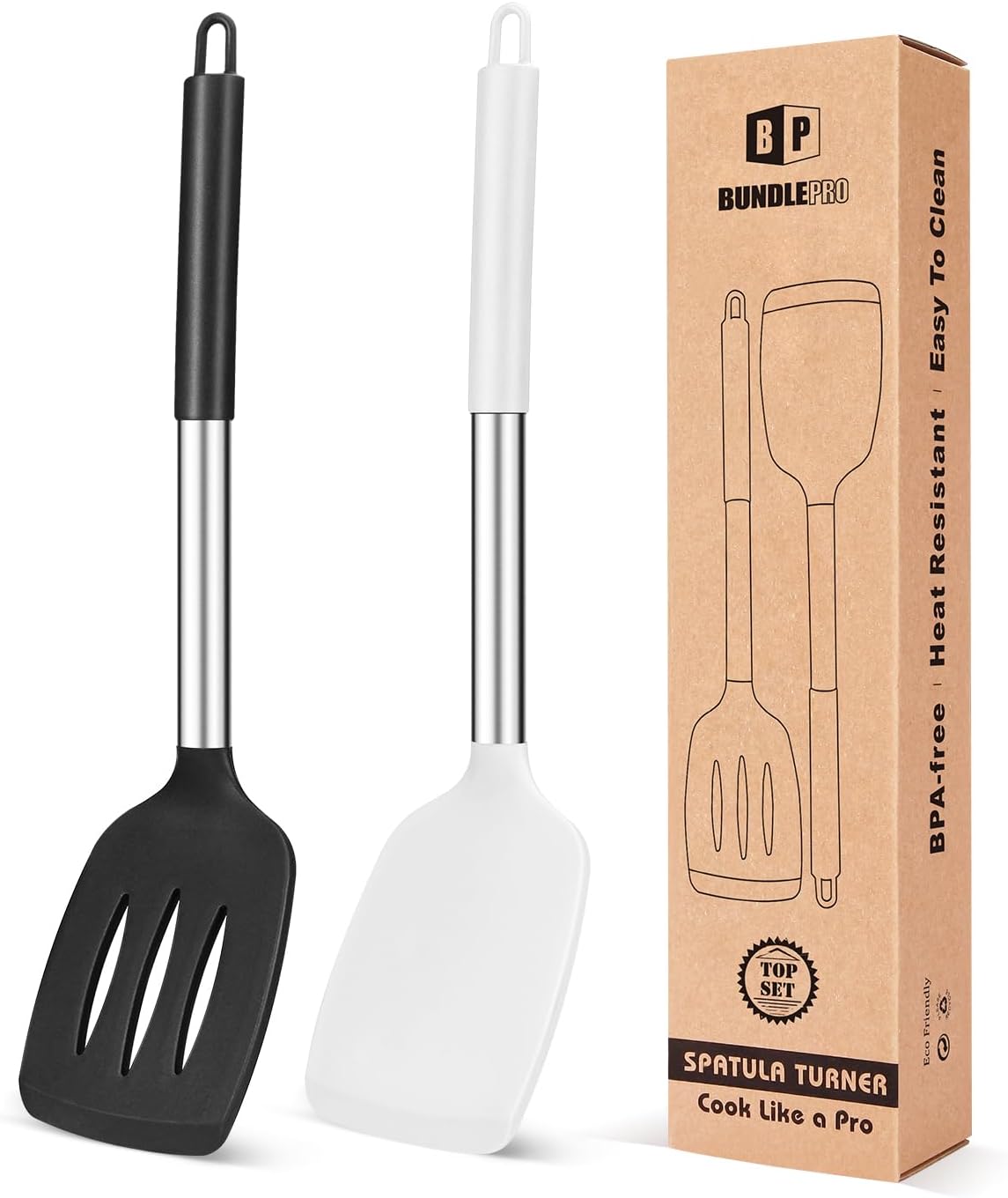 Pack of 2 Silicone Solid Turner, Non Stick Slotted Kitchen Spatulas, High Heat Resistant BPA Free Cooking Utensils, Ideal Cookware for Fish, Eggs, Pancakes(Stainless Steel Khaki) - Image 10