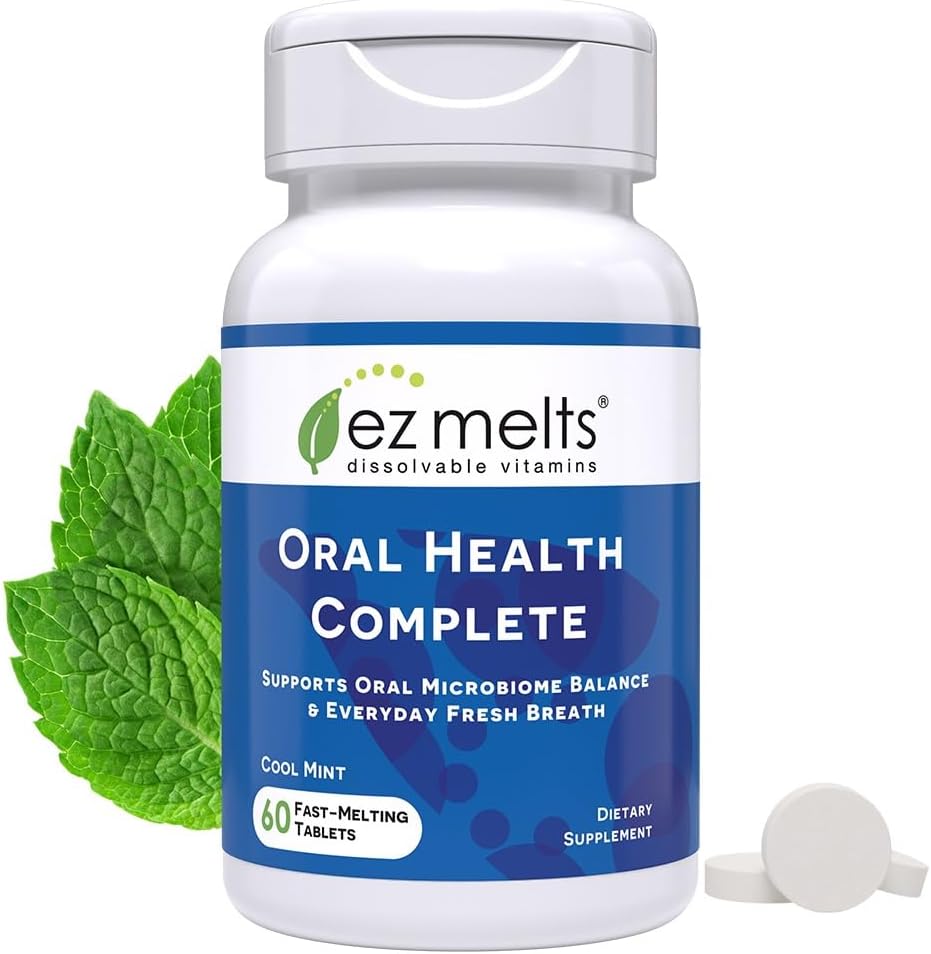EZ Melts Oral Health Complete oral probiotic sublingual tablets front packaging view for fresh breath.
