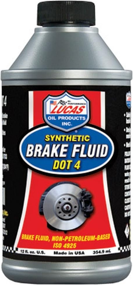 Lucas Oil Synthetic DOT 4 Brake Fluid 12 Ounce front view bottle for high performance automotive braking protection.