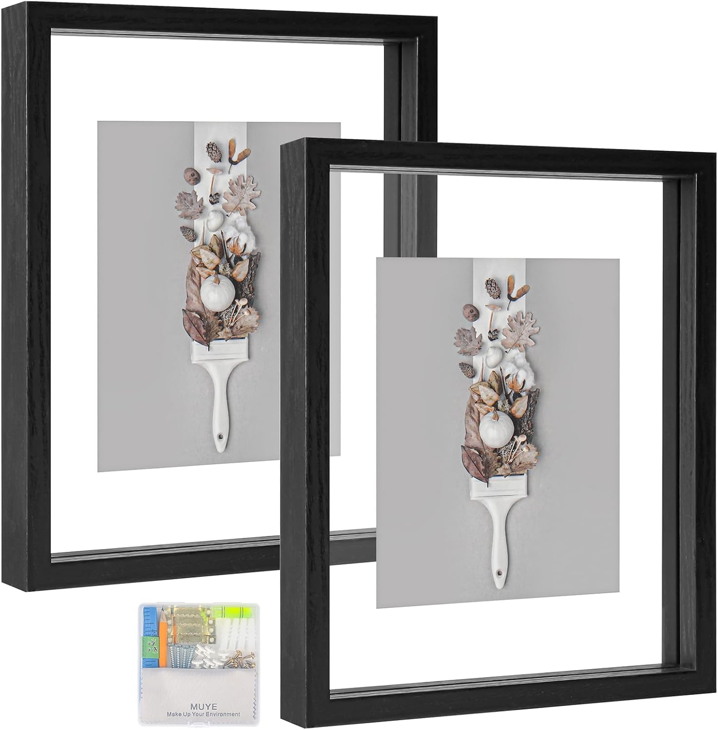 MUYE 8x10 Floating Frame front view black double glass picture frame