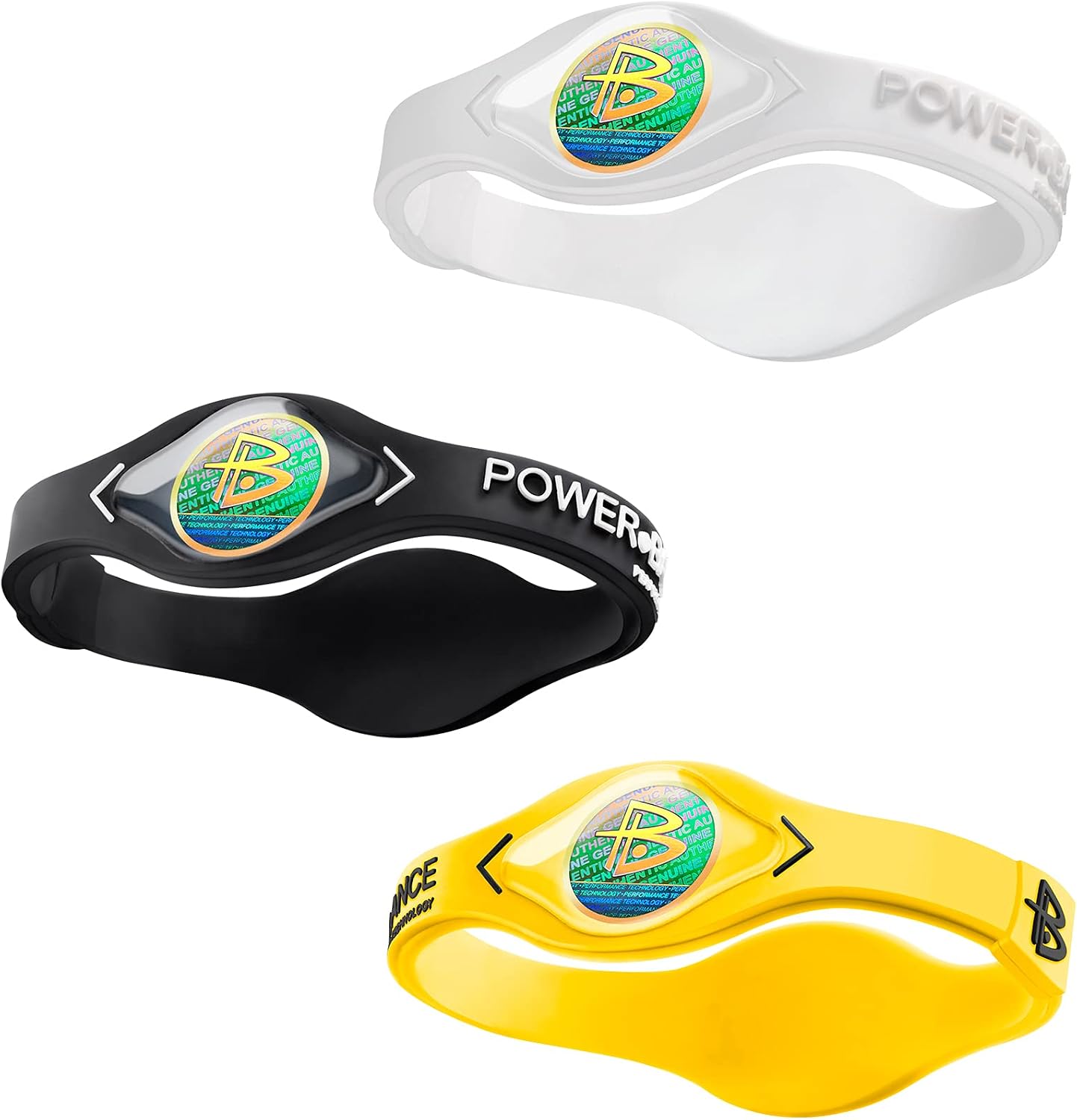 Power Balance performance wristband front view showcasing the yellow silicone band and hologram logo.