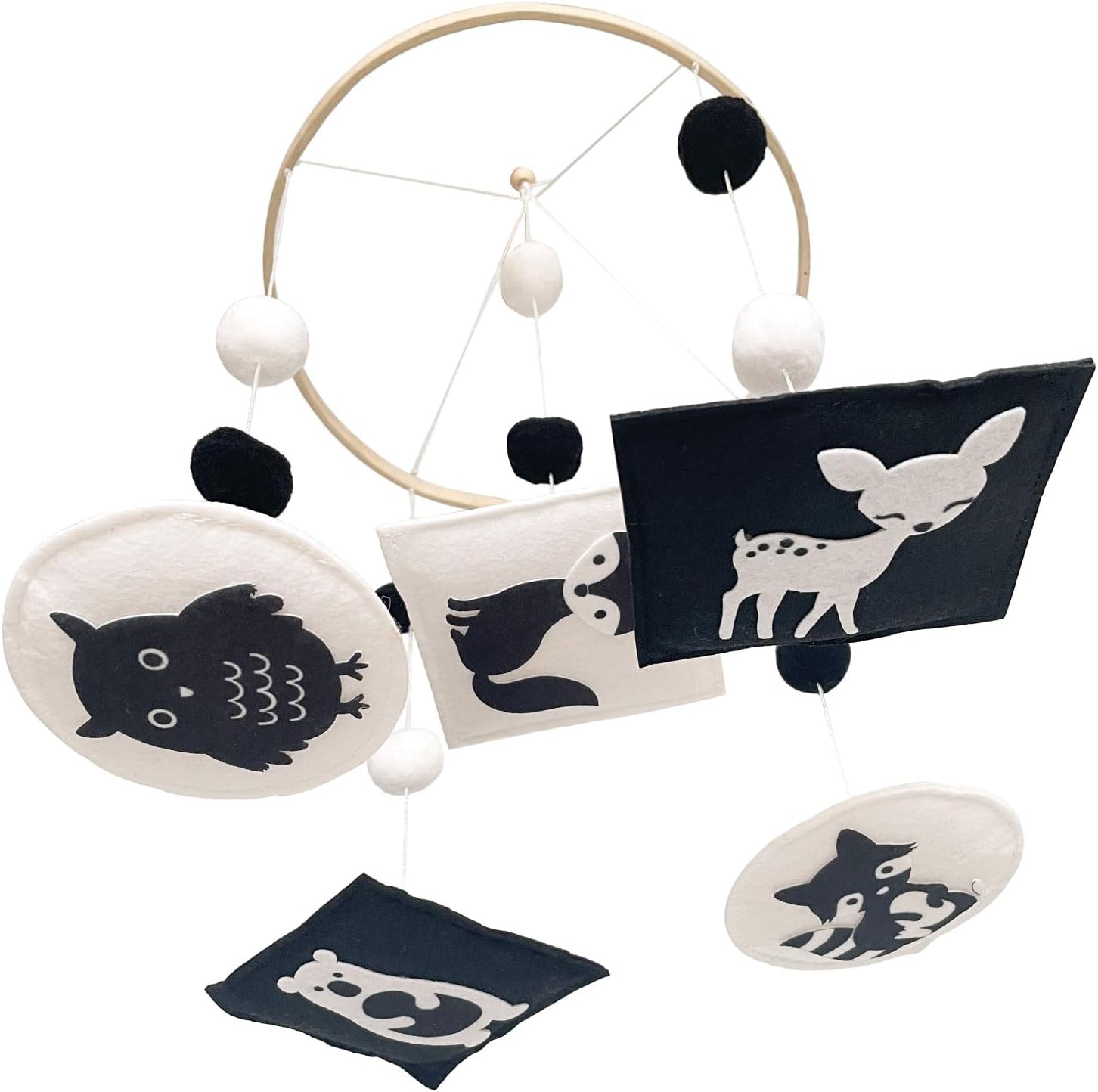 Vlokup Montessori black and white woodland baby crib mobile front view high contrast nursery decor