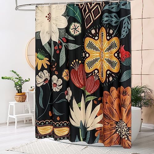 MitoVilla tropical leaves fabric cloth curtain showing close up detail of the abstract colorful flowers.
