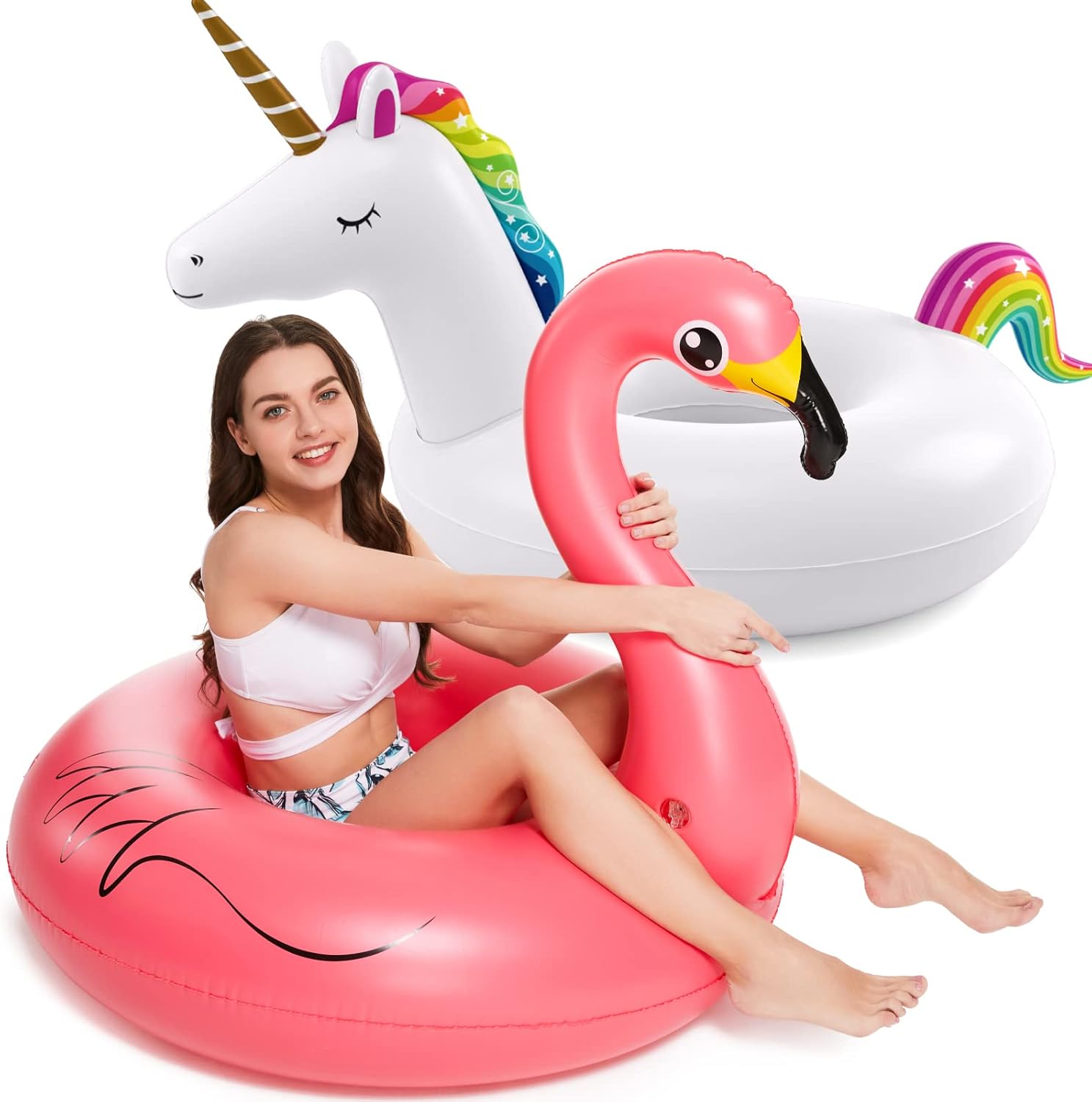 Jasonwell Inflatable Unicorn and Flamingo Pool Floats front view premium floating tubes