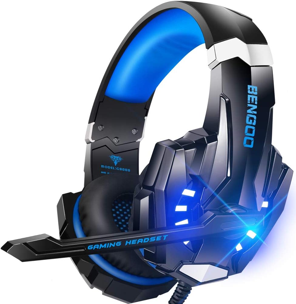 Bengoo G9000 stereo gaming headset front view with blue LED lighting