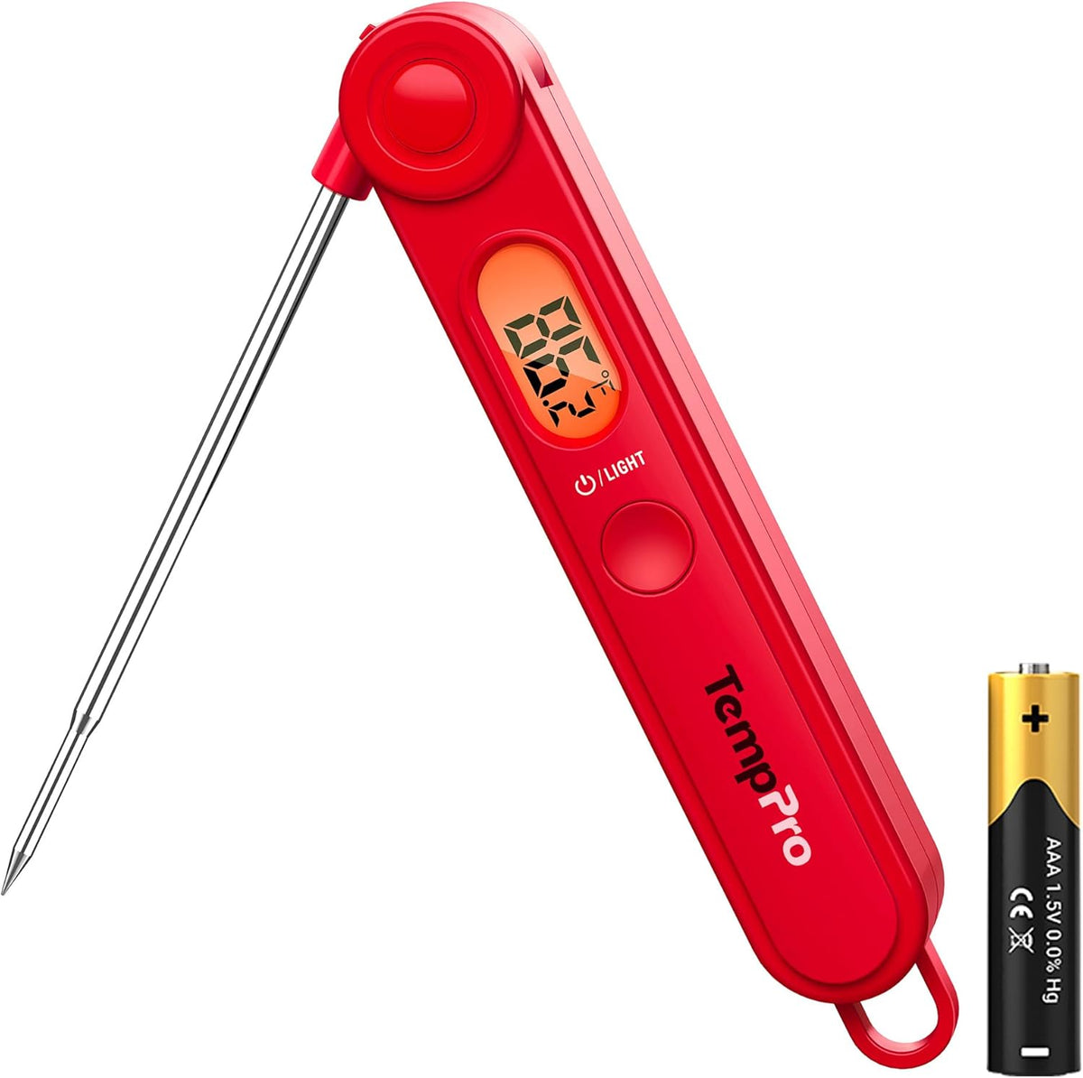 TempPro digital meat thermometer front view with display active