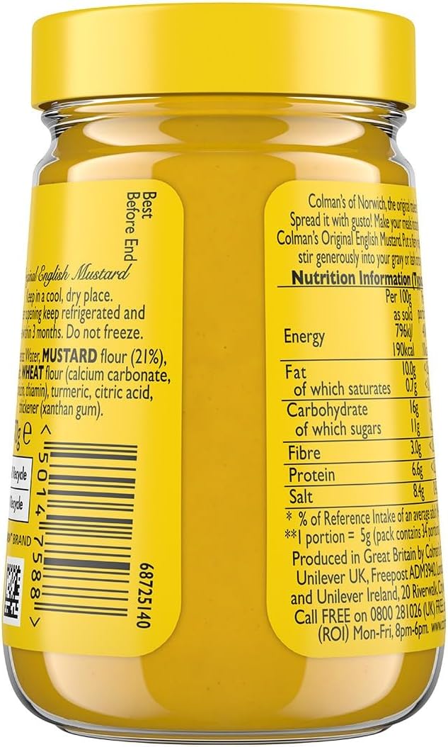Colman's English mustard glass jar ingredients and back label