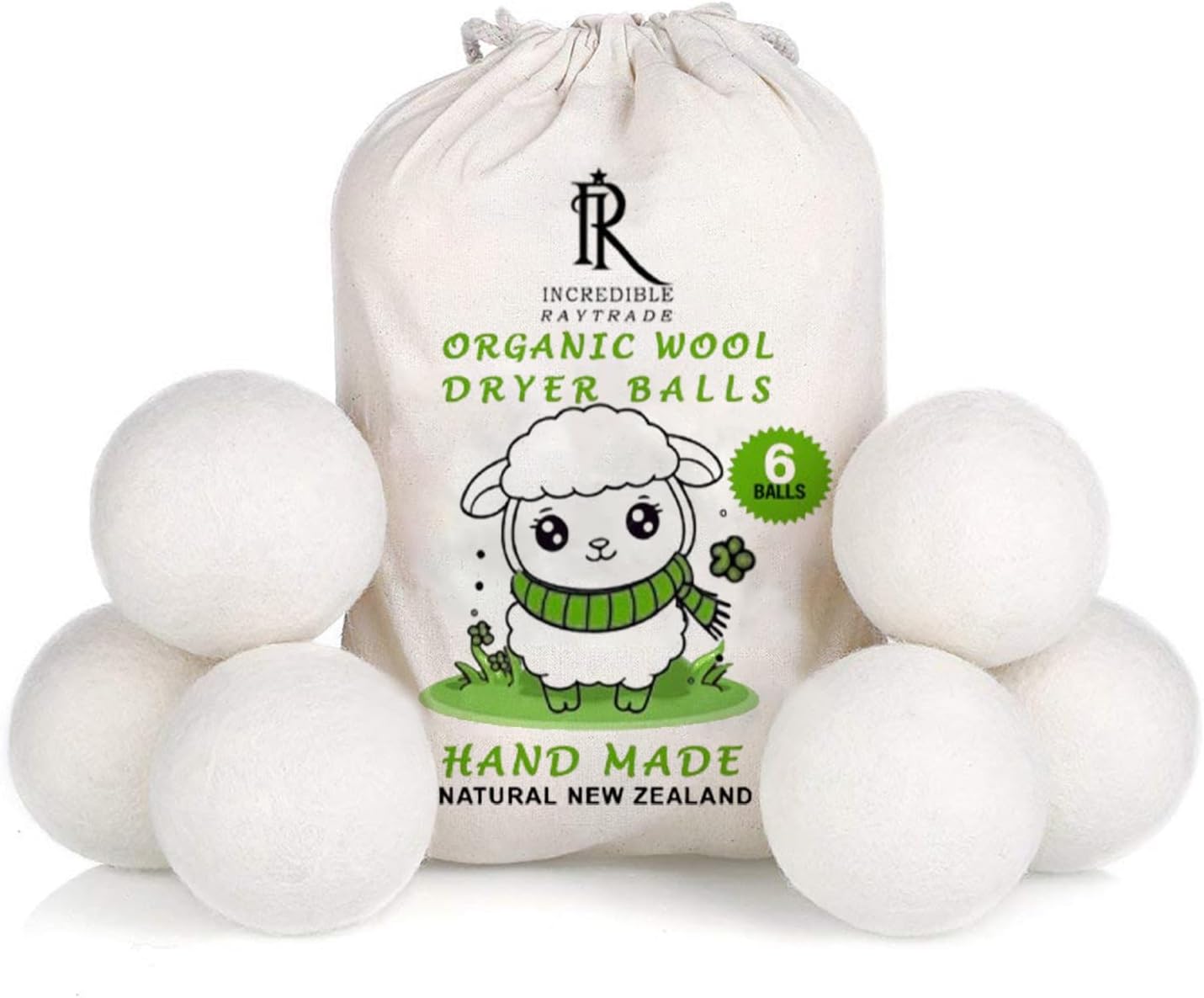 RAYTRADE Wool Dryer Balls 6-Pack 100% Made of Organic New Zealand Wool Reduces Clothing Wrinkles and Saves Drying Time Reusable Natural Fabric Softener Stocking Stuffer Gifts - Image 1