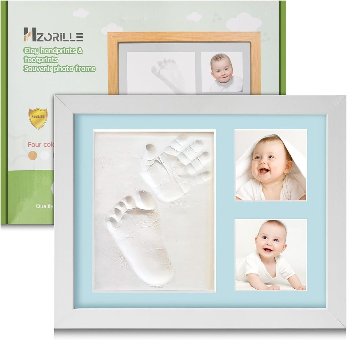 Hzorille baby hand and footprint kit front view displaying clay impressions and newborn photo