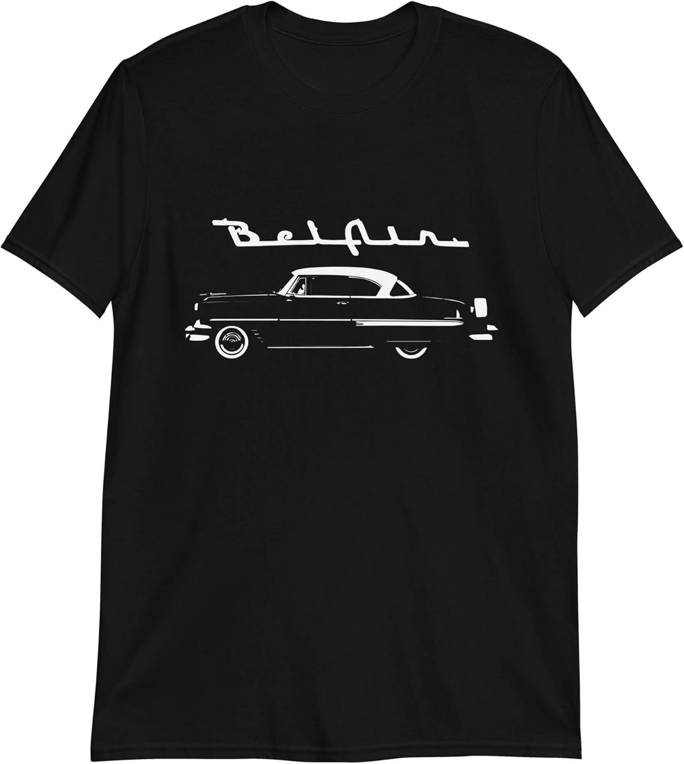 JG Infinite 1954 Chevy Bel Air silhouette antique car short sleeve black cotton t shirt front view