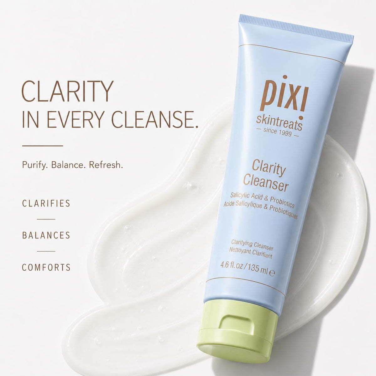 A authentic imported bottle of Pixi Beauty blemish fighting cleanser on a clean vanity display