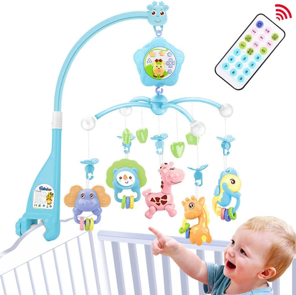 Caterbee Baby Musical Crib Mobile front view showing the blue forest theme attached to a white baby cot.