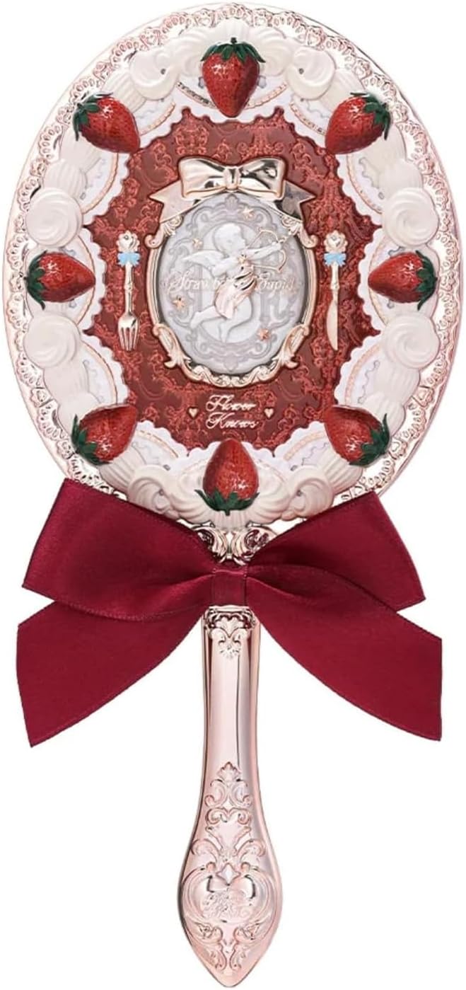 Flower Knows Strawberry Cupid Hand Mirror front view featuring detailed red velvet design and golden Cupid motif