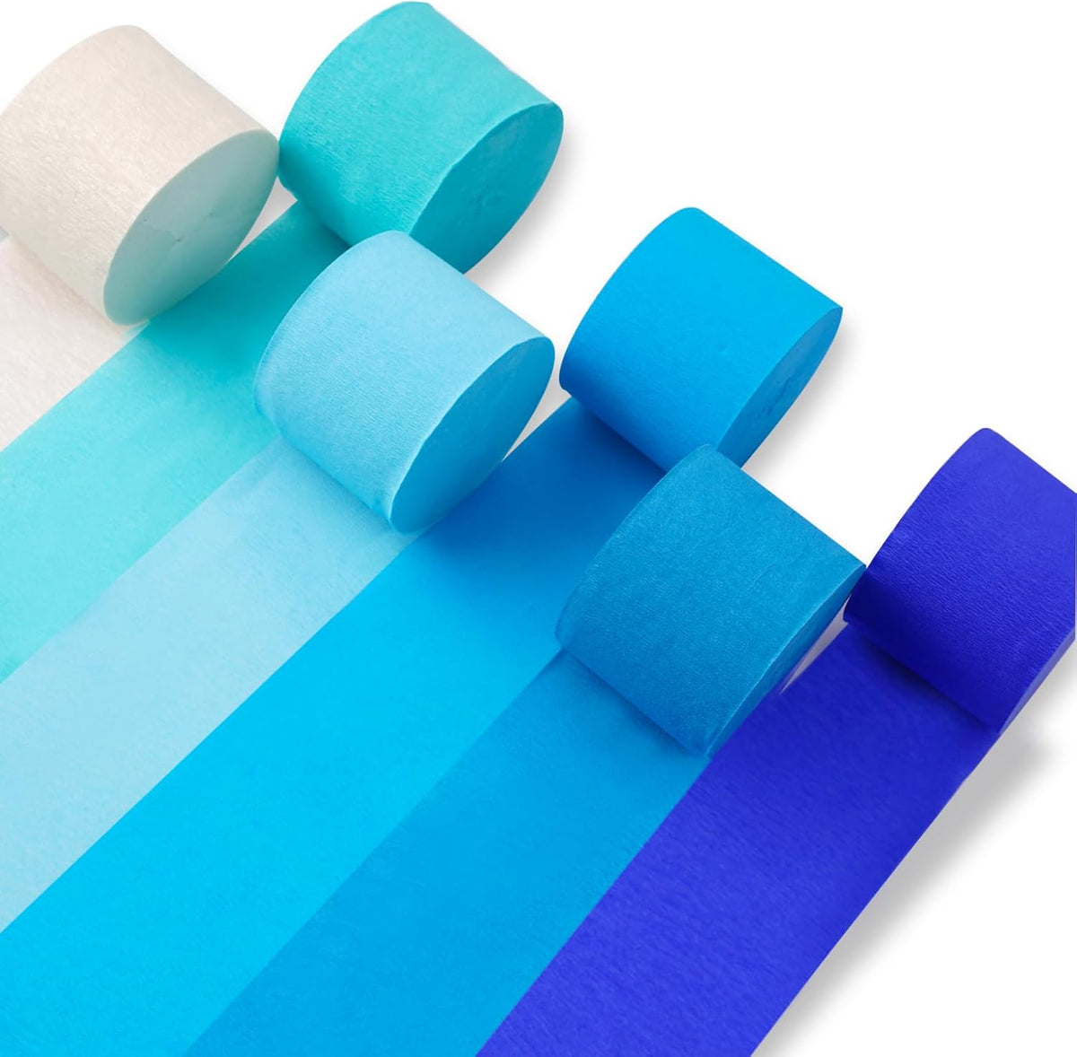 PartyWoo blue and white crepe paper streamers front view roll set