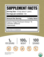 BulkSupplements Organic Chaga Powder supplement bag back label with detailed ingredient list and nutritional facts