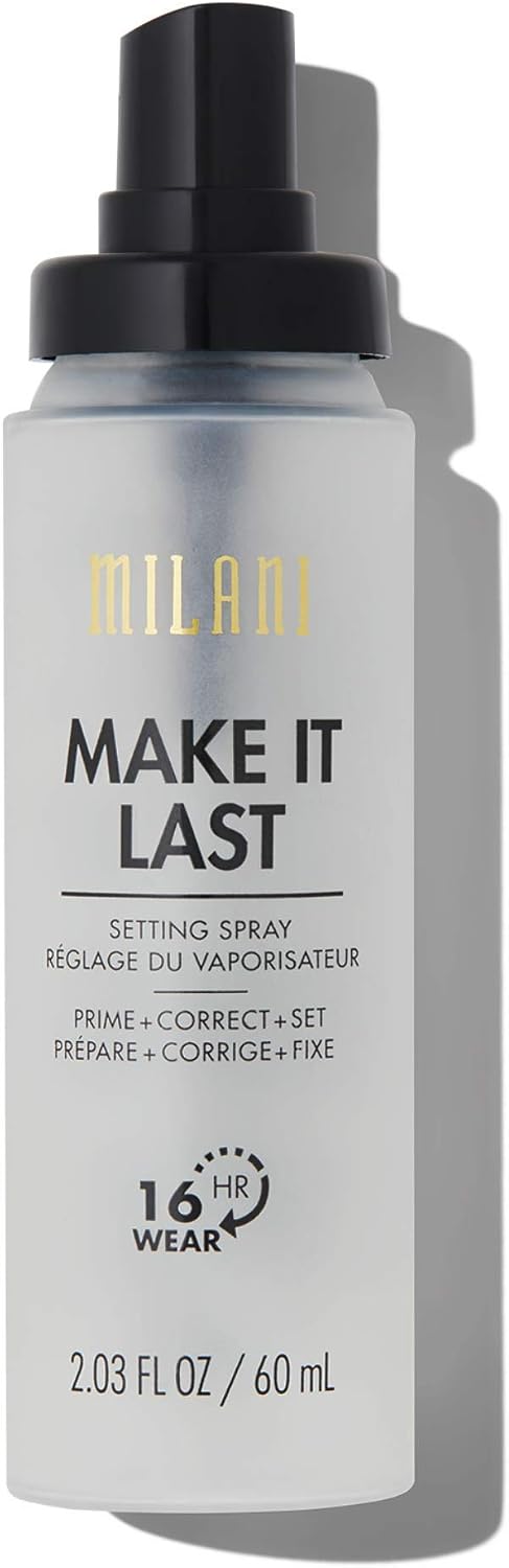 Milani Sunscreen setting spray bottle emphasizing sun protection attributes.