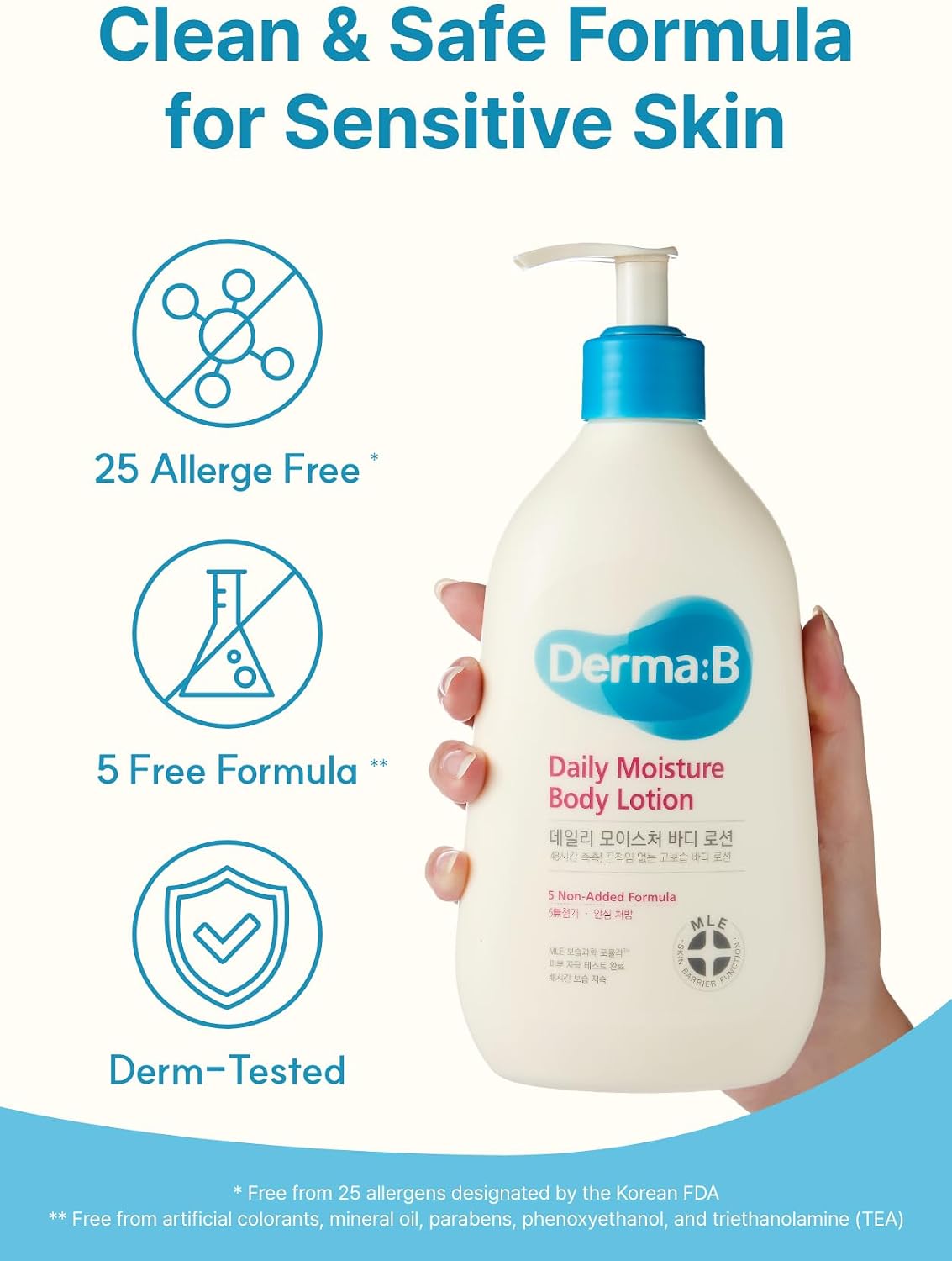Derma B Daily Moisture Body Lotion side profile in hand