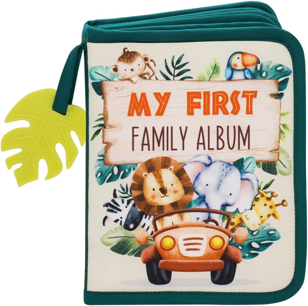 Urban Kiddy Baby First Family Album front view showing Safari theme green leaf book cover.