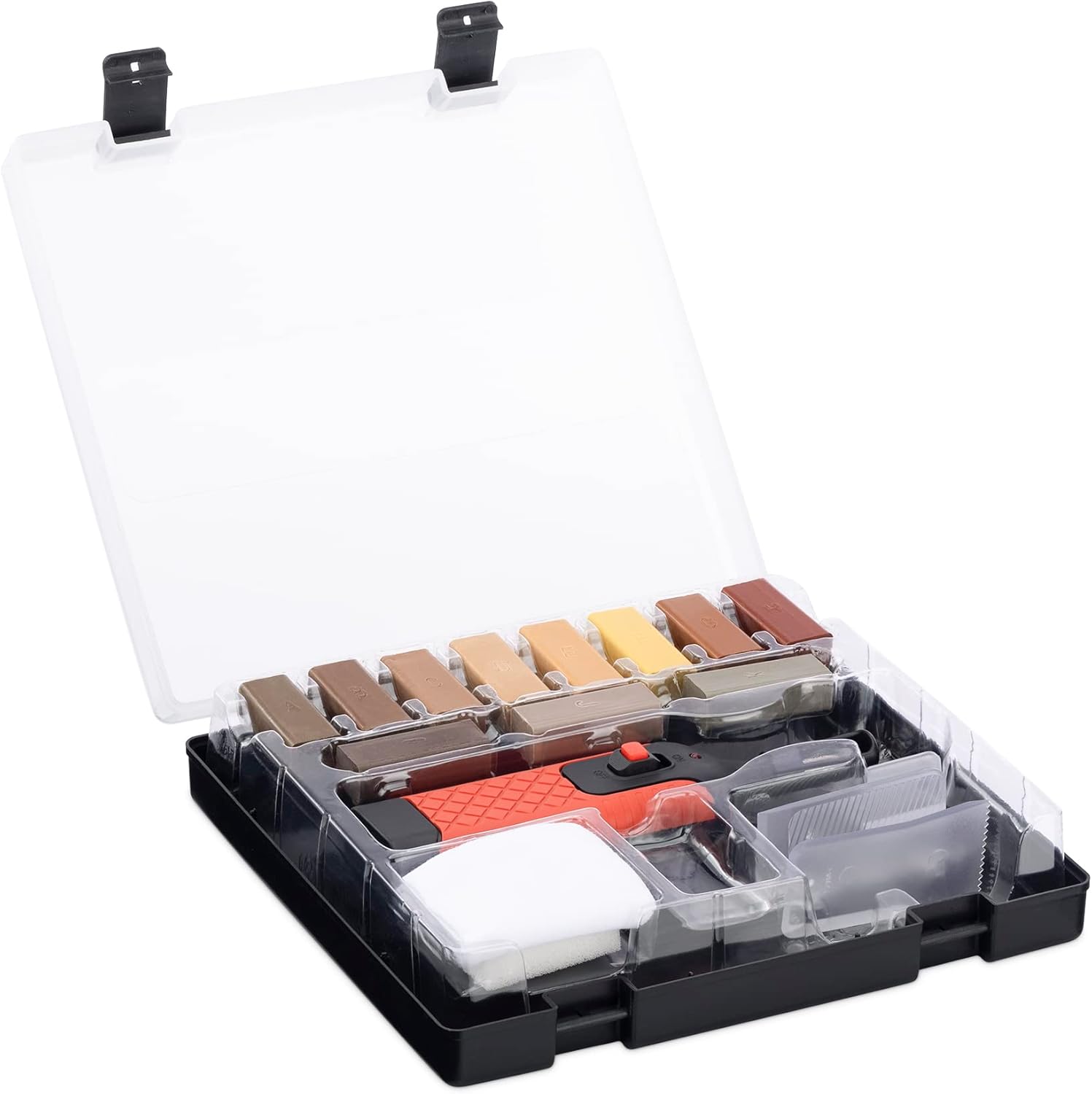 Navaris Wood Floor Repair Kit front view with melting tool and wax sticks