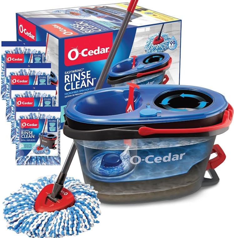 O-Cedar RinseClean Microfiber Spin Mop and Bucket System front view featuring dual water tanks.