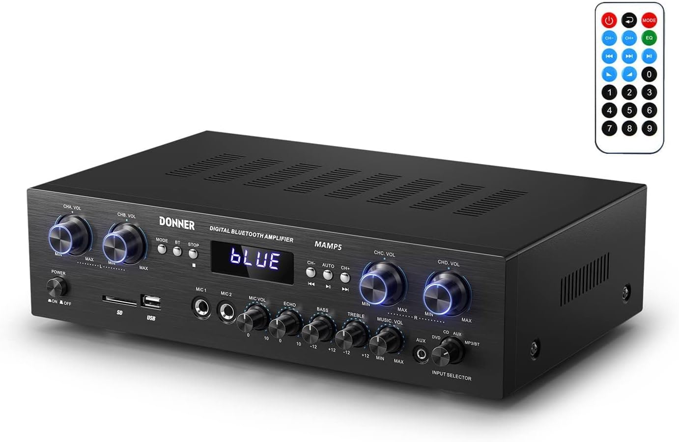 Donner MAMP5 Bluetooth Stereo Audio Amplifier front view showing volume knobs and LED display screen