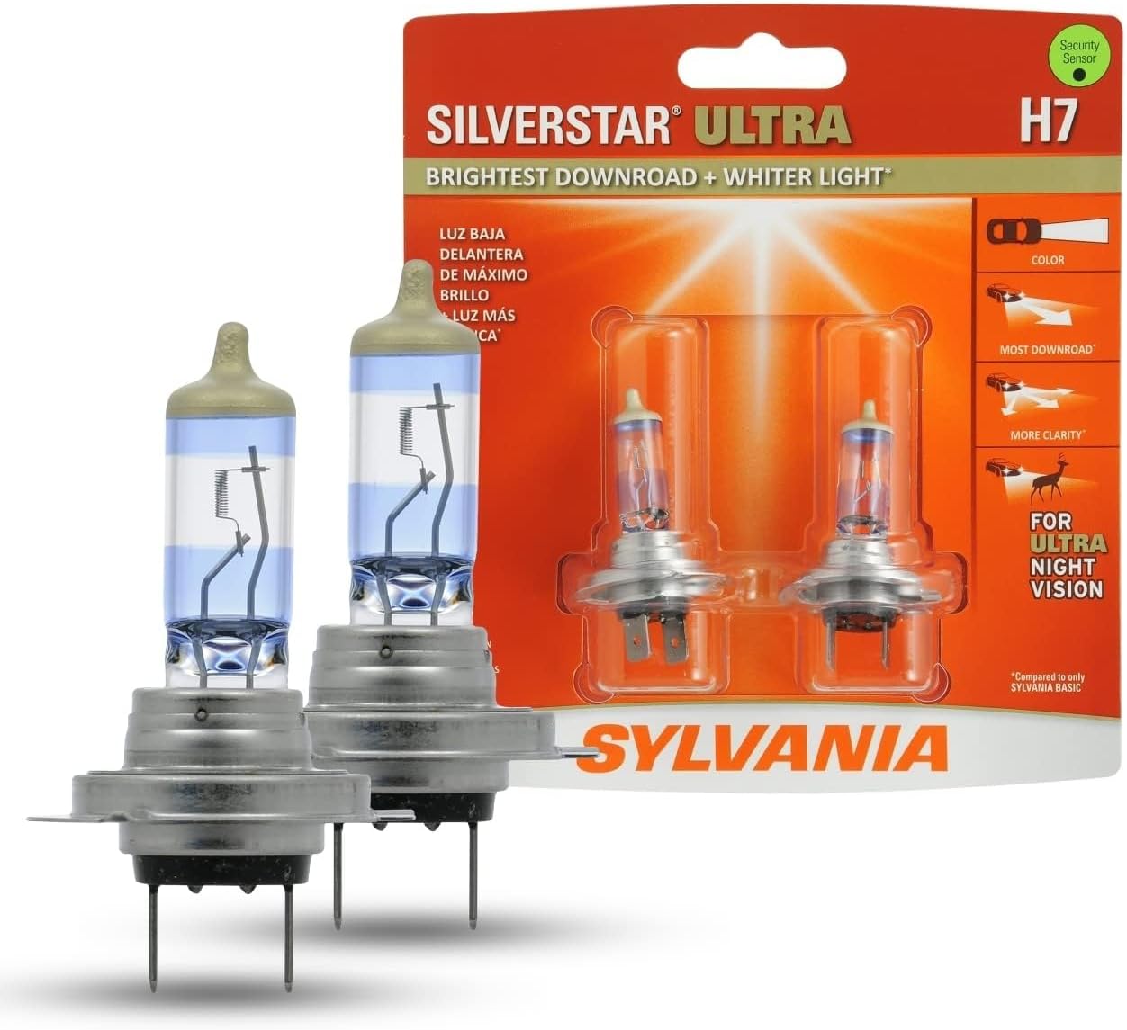 Sylvania H7 SilverStar Ultra headlight bulb front view packaging containing two high performance halogen bulbs