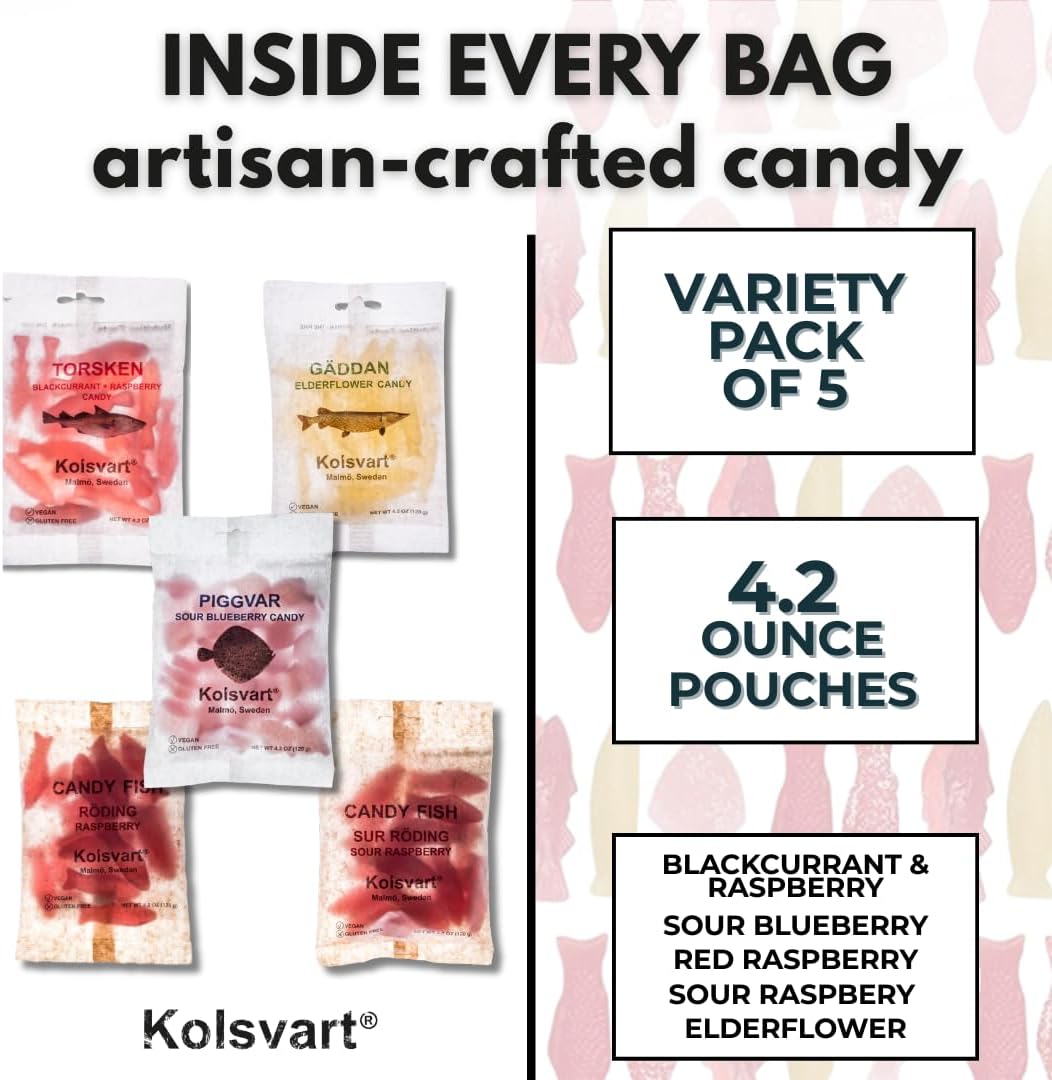 Kolsvart Elderflower Swedish fish candy bag featuring premium import details.