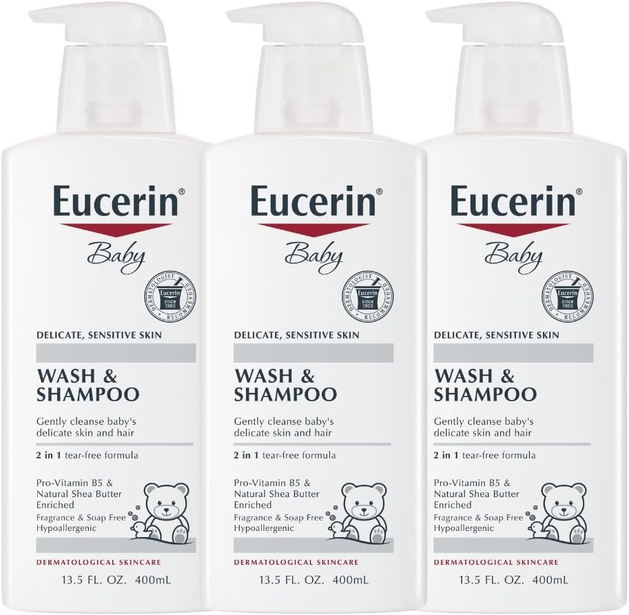 Eucerin Baby Unscented Shampoo and Body Wash 3 pack front view